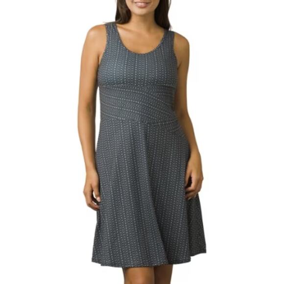 Prana Amelie Black & Gray Geometric Print Fit & Flare Outdoor Mini Dress - Picture 1 of 11
